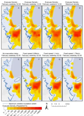 Figure 6. Point density maps showing the density of population with an evacuation time greater than wave arrival time P VE 