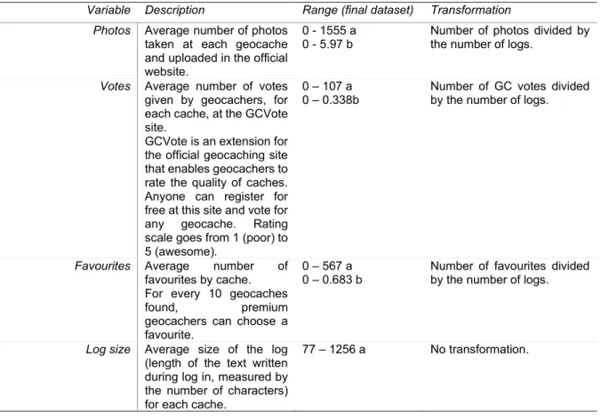 Table  2  -  Variables  used  to  measure  stated  preferences.  a  –  original  range  of  values,  b  –  range  of  values  after 
