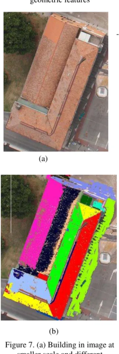 Figure 7. (a) Building in image at  smaller scale and different  orientation compared to Figure 3,  and (b) corresponding segmentation 