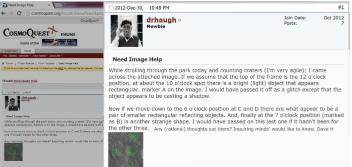 Figure 4.1 – Drhaugh needs help mapping the moon. In the image we find on the right side a close up of a thread of discussion of an on-line forum