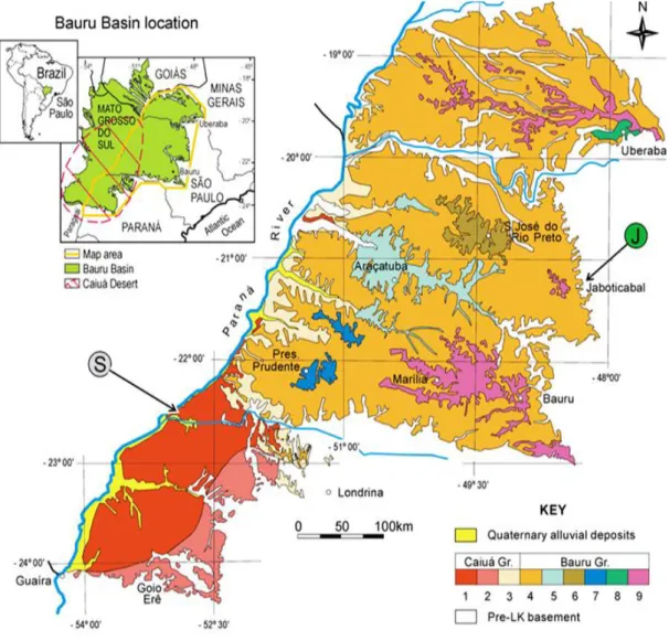 Figura 1.2 - Mapa litoestratigráfico da Bacia Bauru, com ênfase na região oriental. Retirado de Fernandes et  al