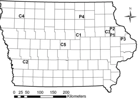Figure 1. Distribution of sites sampled within Iowa during 2009. Sites beginning with C are control fields and were not associated with feeding injury to Bt maize, and sites beginning with P were problem fields, which were associated with farmer complaints