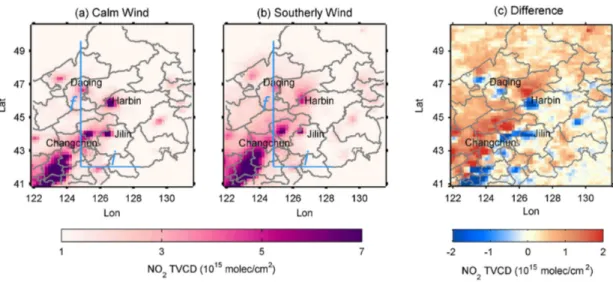 Figure 1. Mean NO 2 TVCDs around Harbin for (a) calm, (b) southerly wind conditions and (c) their difference (southerly − calm)