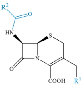Figura 4.13. Representação da estrutura química genérica das cefalosporinas. As  cadeias laterais variáveis encontram-se representadas a azul na imagem