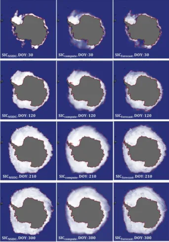 Figure 3 compares the original 2014 NSIDC SIC data  SIC ABCDE for the selected days (day of year (DOY): 30, 120, 210, 300) with  1) reconstruction images using fractional abundances computed 