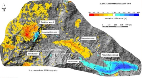Fig. 5. Differential DEM 2004–1973 for Ca’ Lita landslide (modified after Borgatti et al., 2006).