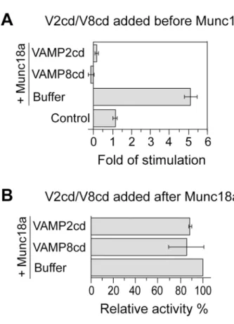 Fig 5. Munc18a-dependent stimulation is sensitive to inhibitory proteins at an early stage of the fusion reaction