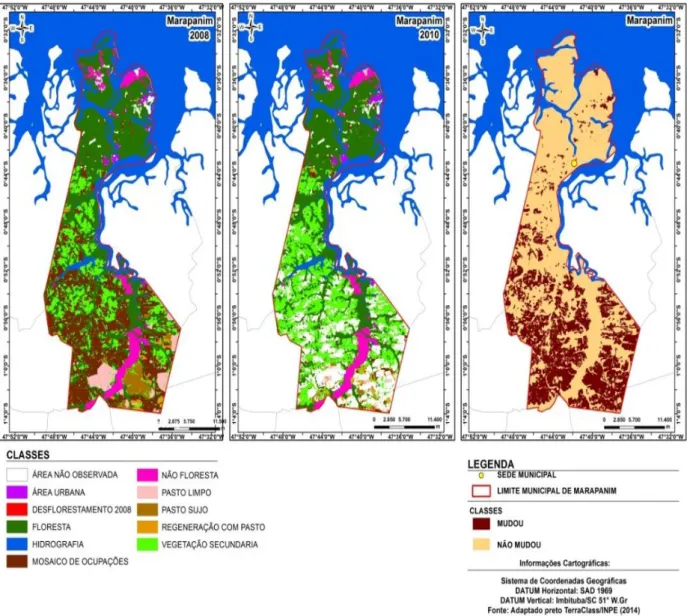 Figura 2: Mapa de uso e cobertura do solo para os anos de 2008 e 2010 e das áreas alteradas durante o período  analisado para o município de Marapanim-PA