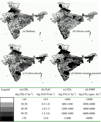 Fig. 4. Spatial distribution of organic carbon, clay contents, pH and bulk density of soils of India