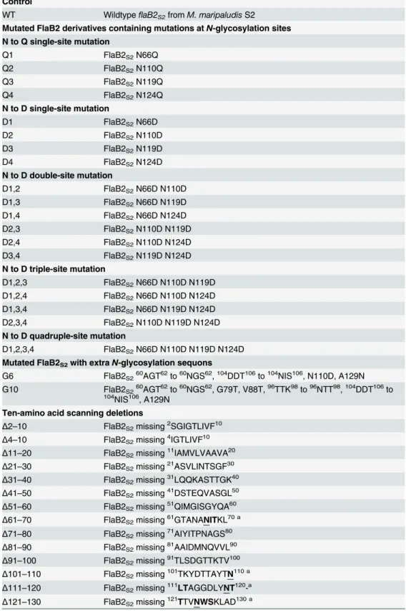 Table 2. Mutated FlaB2S2 derivatives generated in this study.