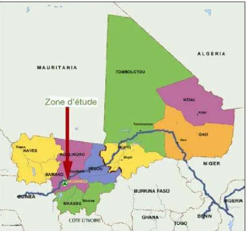 Figure 1: Carte du Mali avec indication de la zone d’étude [Tirée et adaptée du Rapport (8)].
