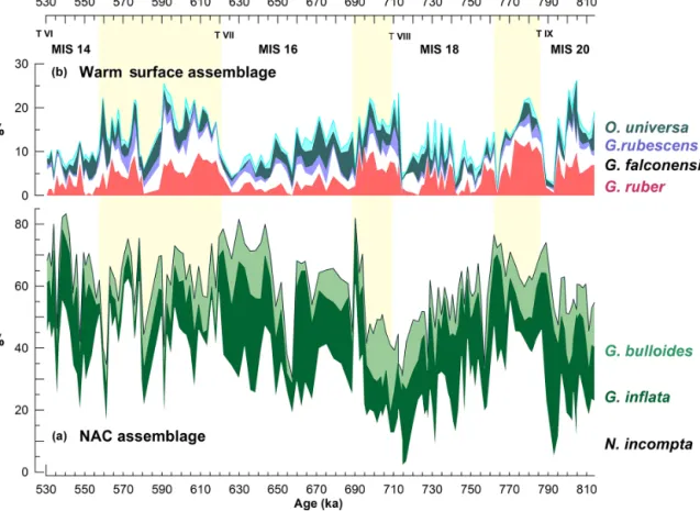 Figure B1. Faunal composition of both the NAC and the warm surface assemblages at site U1385 through the study interval
