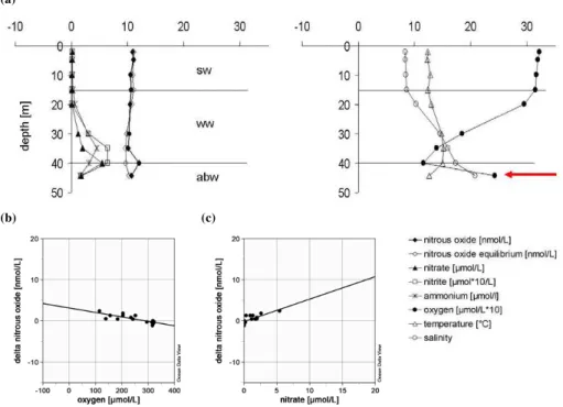 Fig. 4. Arkona Basin; (a) station 113 (Arkona Deep): left plot with profiles of N 2 O, N 2 O equilib- equilib-rium concentration, NO − 3 , NO −2 , right plot with profiles of temperature, salinity and oxygen, the arrow indicates the influence of North Sea 