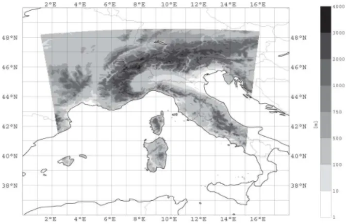 Fig. 1. Orography of the COSMO model at 2.8 km horizontal res- res-olution, also showing the extension of the integration domain of COSMO-H2-EPS.