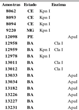 Tabela 2. Dezesseis amostras selecionadas para clonagem do genoma completo do begomovírus e as enzimas de restrição que  foram capazes de clivá-las em um único ponto gerando um fragmento de 2,6 kb