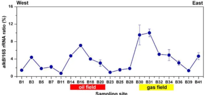 Fig. 5. Biogeographical distribution of the percentages of alkB gene copy numbers (representing the number of n-alkane-degrading  bac-teria) in proportion to 16S rRNA gene copy numbers (representing the number of total Eubacteria) of soil samples collected