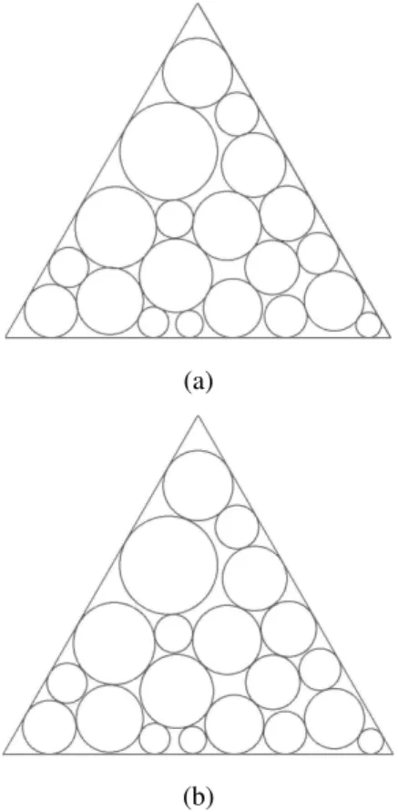 Fig. 10. Circle packing in an equilateral triangle by approximation 2 and nonlinear optimization（(a) packing density 81.78%, (b) packing density 80.51%)