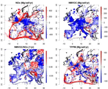 Fig. 3. Map of EMEP expert emissions trends (linear least square fit of annual totals) over 1998–2007 for NO x , NMVOC, NMVOC/NO x and total primary PM (TPPM)