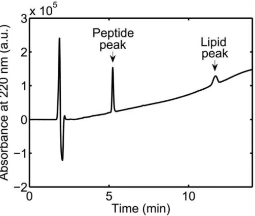 Fig 1. Example of HPLC chromatogram. The chromatogram was acquired from a 200 μL standard solution of 5 μM mastoparan X to which 50 μL 5 mM POPC/POPG (3:1) LUV had been added