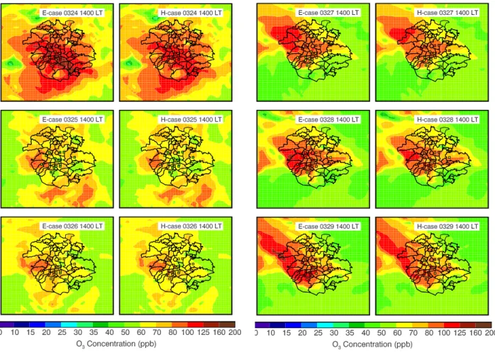 Fig. 9. Pattern comparison of simulated vs. observed O 3 at 14:00 LT over Mexico City in the E-case (left) and H-case (right) during the 24–29 March 2006