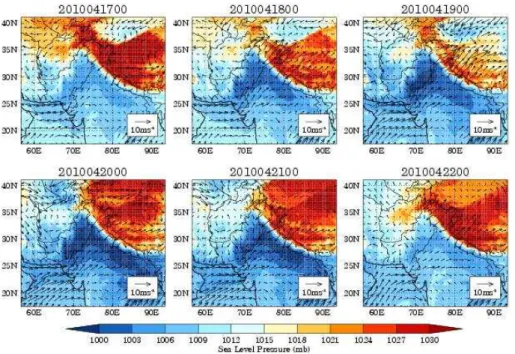 Fig. 2. Day to day variations in mean sea level pressure and 10 m wind vectors over the model domain from 17 to 22 April 2010 at 00:00 UTC