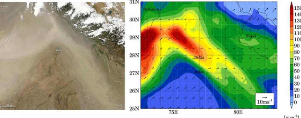 Fig. 4. Natural color image captured by Moderate Resolution Imaging Spectroradiometer (MODIS) aboard Aqua on 21 April 2010 at 07:45 GMT (left panel) and WRF-Chem simulated spatial distribution of column integrated dust load at 2.4 µm and 10 m wind vectors 