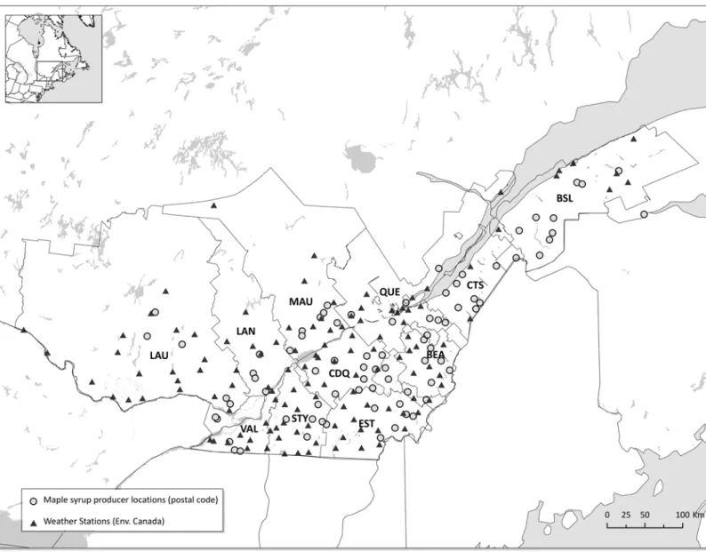 Fig 1. Study area showing the 11 regions, the location of the producers (grey dot) participating in the survey (1999–2011) and the weather stations (black triangle)