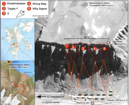 Fig. 2: Location of the study area in Svalbard and the detailed study site of the Gruvefjellet mountain slope 