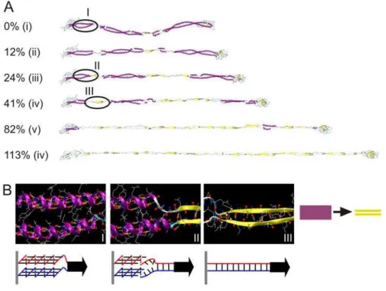 Figure 7A shows the structural characteristics of the tetramer under tensile deformation, showing molecular structure snapshots as the tetramer is being stretched