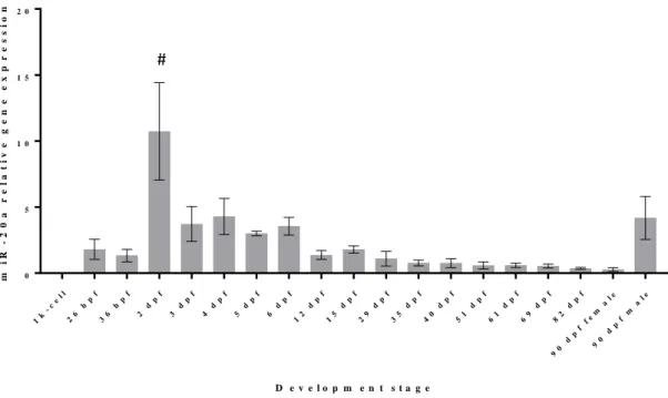 Figure 3.1 Analysis of mature miR-20a expression levels during development of zebrafish, measured by  qPCR