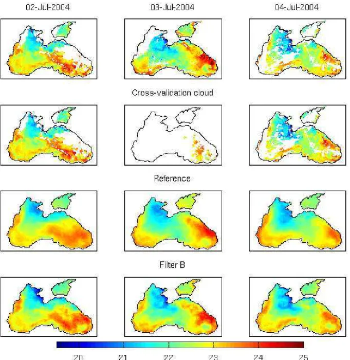 Fig. 7. Example of large cloud added for the cross-validation. Top row: initial cloudy data at three consecutive days, 2 to 4 July 2004