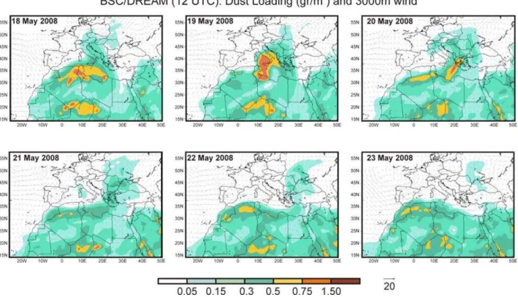 Fig. 1. Dust loading and 3000 m wind fields over Europe for the period 18–23 May 2008, as estimated by the BSC-DREAM model (12:00 UTC).