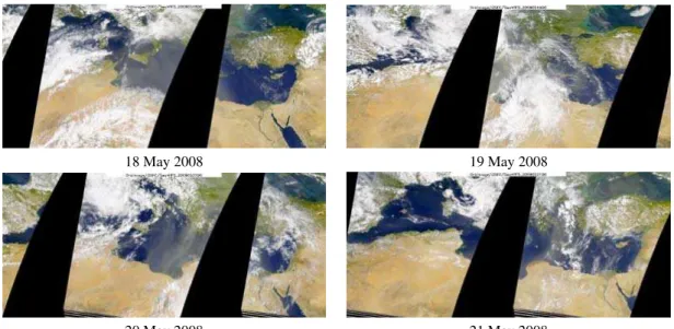 Fig. 2. SeaWIFS visible satellite images for 18, 19, 20 and 21 May 2008.