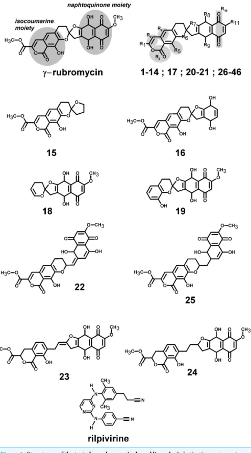 Figure 1 Structures of the tested γ -rubromycin-based ligands. Substitution patterns in molecules 1–14;