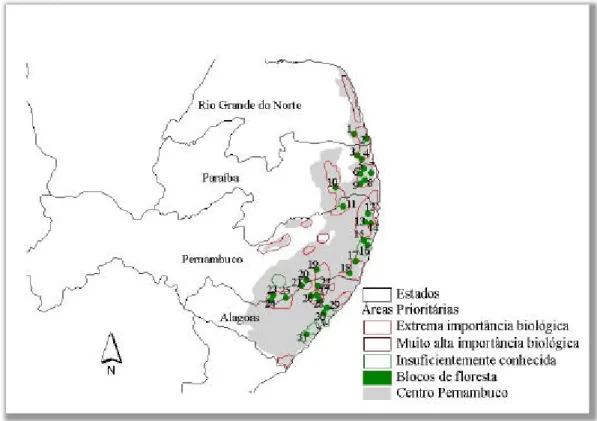 Figura 3 Centro de endemismo Pernambuco (Área cinza) e blocos florestais inseridos em áreas prioritárias para  conservação