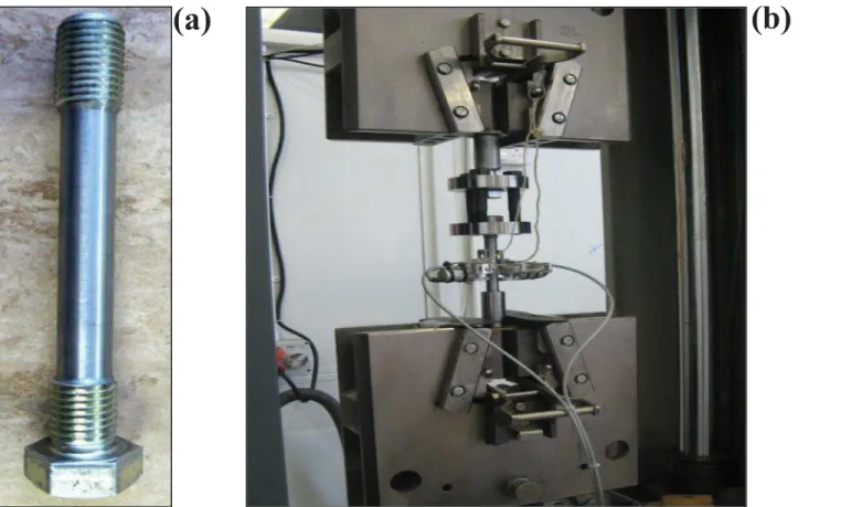 Fig 1. (a) Machined bolt for the tensile test, (b) Test setup for tensile test for M-20 bolt.