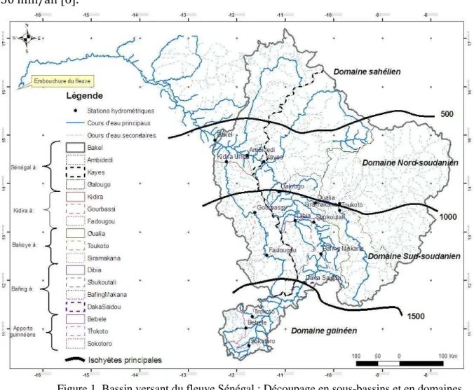 Figure 1. Bassin versant du fleuve Sénégal : Découpage en sous-bassins et en domaines  climatiques (Source : Base de données SIEREM et OMVS) 