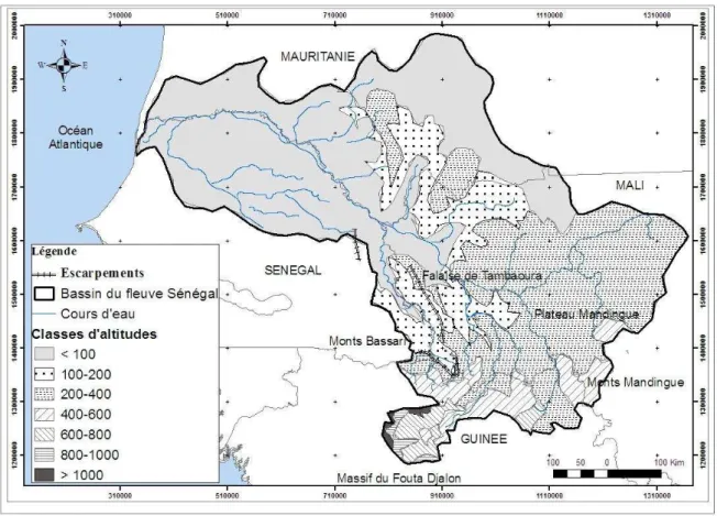 Figure 2. Modèle numérique d’altitude du bassin du fleuve Sénégal   (Source : Base de données STRM et OMVS) 