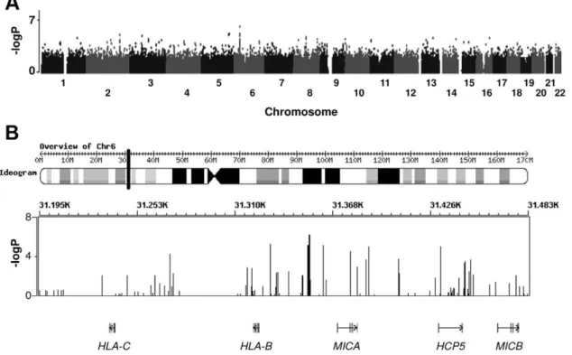 Figure 3. Genome overview of P-values for associations of SNPs with HIV-1-specific cross-reactive neutralizing activity