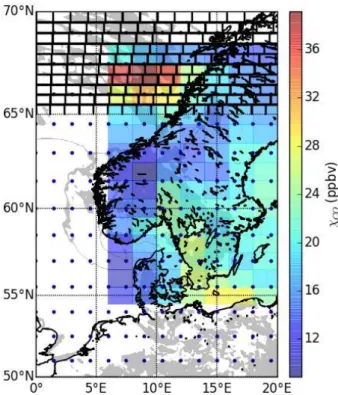 Figure 2. Illustration of the horizontal co-location method, showing satellite data correspond- correspond-ing to cloud top pressures below 1000 m altitude (gray shadcorrespond-ing), the average FLEXPART CO concentration between 1 and 2 km (colored shading