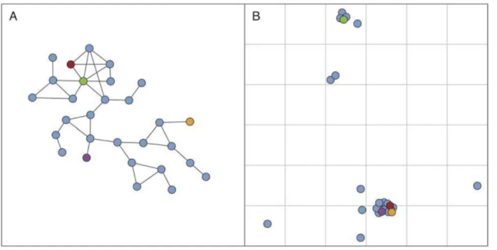 Figure 1. Visualization of a community in the mobile phone network. This juxtaposition of (A) the topological structure and (B) the geographical structure demonstrates the interplay of these two dimensions
