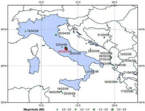 Fig. 1. Seismic events with M L &gt;3.5 occurred in March and April 2009. Red star indicates the main shock of Abruzzo earthquakes (INGV, 2009).