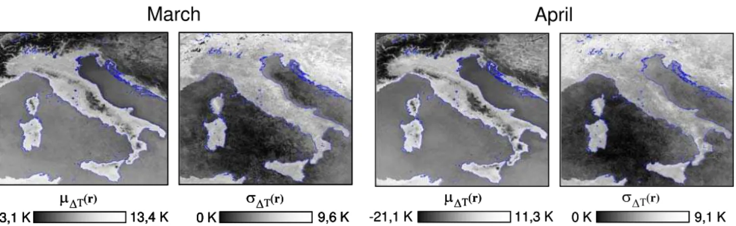 Fig. 2. Reference fields (time average µ 1T ( r ) and standard deviation σ 1T ( r )) for the investigated area computed for March and April from MODIS data acquired in the period 2000–2009 at night-time (24:00–02:00 GMT).