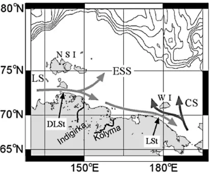 Fig. 1. Map of the East Siberian Sea with illustration of the Siberian Costal Current following the coast to the east and the inflow of low salinity Laptev Sea (LS) water to the northwest of the ESS and the inflow of water from the Chukchi Sea (CS) to the 