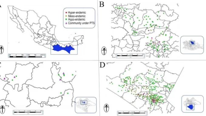 Fig 2. The onchocerciasis communities under post-treatment surveillance (PTS) phase in Mexico: Panel A: Map of the Southern Mexico states showing the two endemic States for onchocerciasis