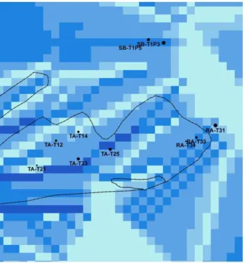 Fig. 3. LS factor map. The sampling point size is proportional to soil erodibility (K ) values.