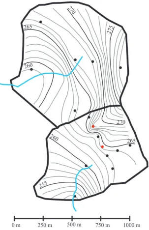 Figure 8. Groundwater potentiometric surface map for Septem- Septem-ber 2012. Note the northeast corner of the farm catchment where the fracture flow evident in bores 2279 and 2277 (red dots) exhibit preferential pathways in the equipotential lines
