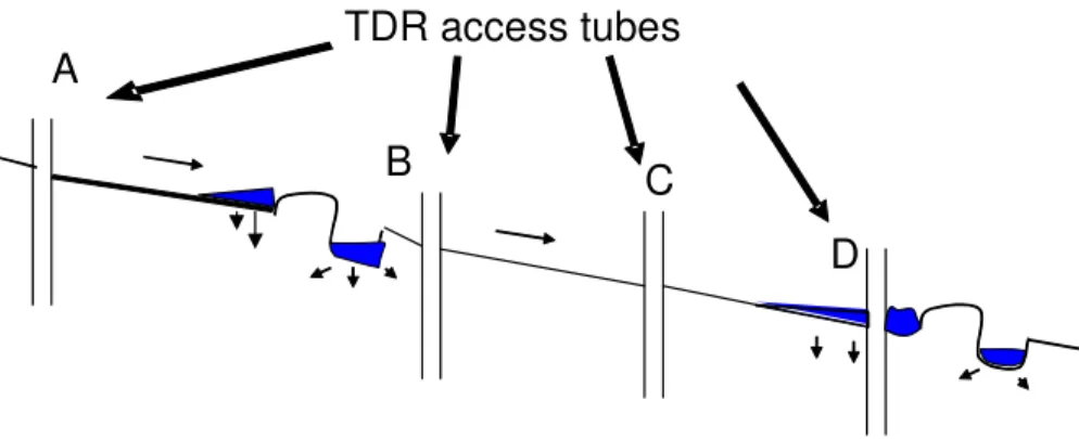Fig. 2. Functioning of fanya juu terracing with TDR soil moisture monitoring tubes.