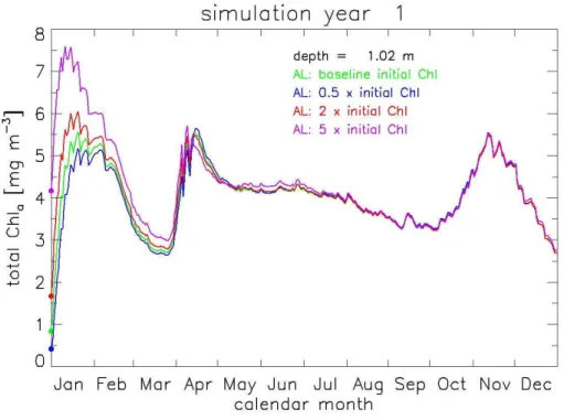 Fig. 4. Total near-surface chlorophyll values for one-year simulations starting with various initial chlorophyll depth profiles