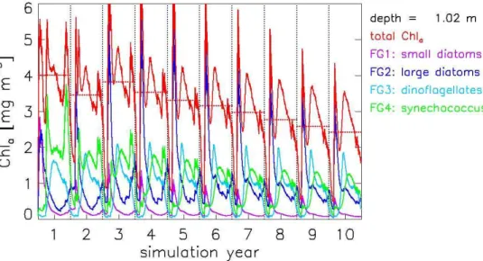 Fig. 5. Time series of surface chlorophyll for the ten-year baseline simulation using the analytic light model in EcoSim